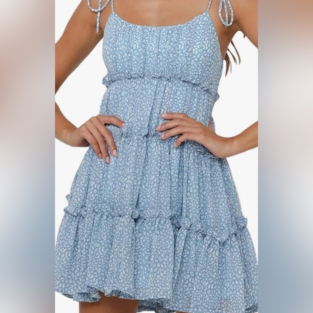 Blue Mini Dress with Ruffled Tiers and Scoop Neck - Picture 3 of 4